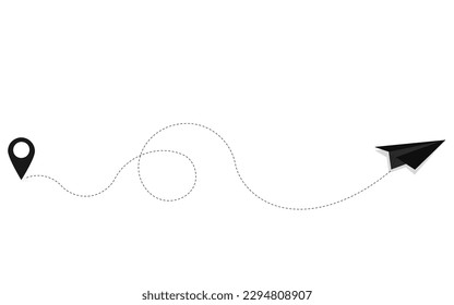 Patrón de diseño del plano de papel y de posición del pasador, ruta al destino por avión. Ilustración vectorial.