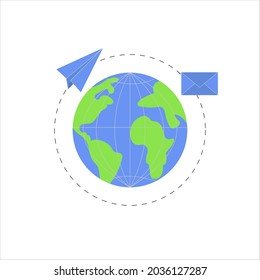Paper plane and postal envelope fly around the world. Delivery of emails concept isolated on white background. Vector illustration