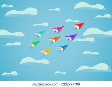 paper plane red and colorful competition charged up to the sky while flying above a cloud. business finance success. leadership. creative idea. startup. illustration cartoon vector