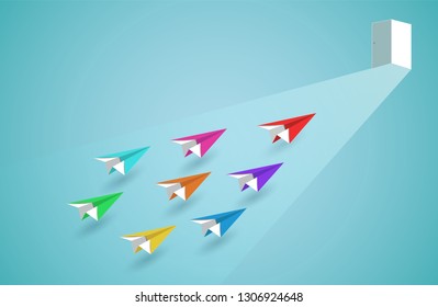 paper plane red  competition with paper airplane colourful. go to the door of business success goal. creative idea. leadership. illustration cartoon vector 