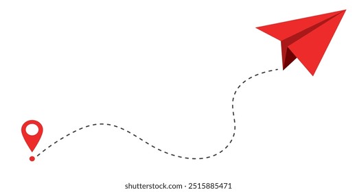 Paper plane red dashed line doodle sketch style drawing. Path way, follow idea. Business or travel design element. Paper aeroplane