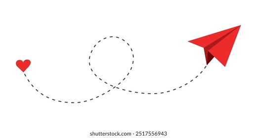 Dibujo de estilo de boceto de dibujo de línea discontinua roja de plano de papel. Seguir Camino, idea. Elemento de diseño de negocios o viajes. Avión de papel