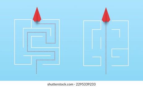Paper plane red find the right path and Straight paper plane going right through maze. airplane to destination. business strategy