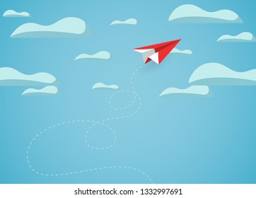 paper plane red flying up to the sky while fly above a cloud. business finance success. creative idea. illustration cartoon vector