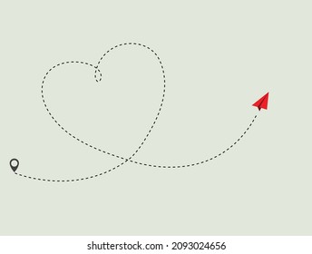 Paper plane with RED heart path. Flying airplane with dotted air route in heart, romantic or message valentine day card design. Love plane flight, airplane transport, airline travel illustration