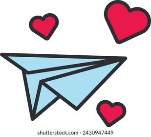 Paper plane with red hearts on white background, symbolizing love messages or Valentine's greetings.