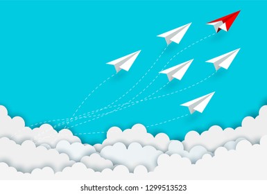 paper plane red and white competition charged up to the sky while flying above a cloud. business finance success. leadership. creative idea. startup. illustration cartoon vector