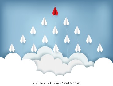 paper plane red and white fly up to sky while flying above a cloud. creative idea. illustration cartoon vector