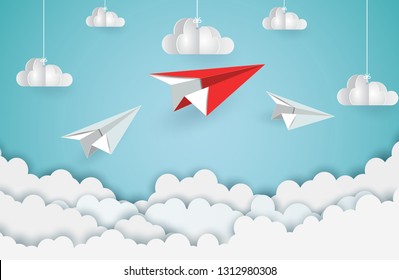 paper plane red and white flying up to the sky while fly above a cloud and city. business finance success. leadership. creative idea. illustration cartoon vector