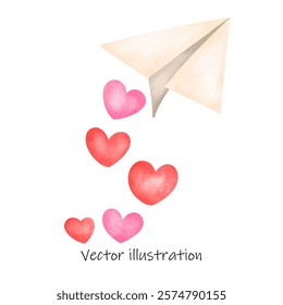 paper plane releasing red and pink hearts, symbolizing love, affection, and romance. The design features soft pastel tones and a minimalistic aesthetic