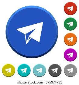Paper plane round color beveled buttons with smooth surfaces and flat white icons