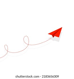 Paper plane route in the dotted line shape. Red airplane path. Vector illustration isolated on white background.