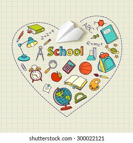 Paper plane and school doodle heart-shaped vector background concept