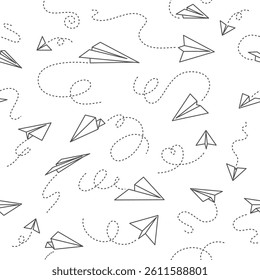 Paper plane seamless pattern. Background with origami airplanes. Paper planes fly in different directions with routes. Abstract texture with kids transport toy. Vector print.