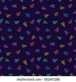 Paper plane seamless pattern colorful line style on purple background. Decoration element use for web site, textile and other. Vector Illustration