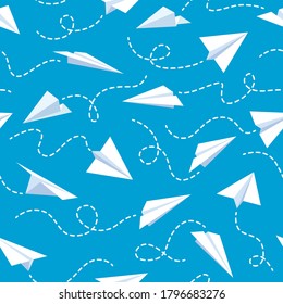 Paper plane seamless pattern. White flying airplanes in blue sky different direction with dotted line tracks wallpaper vector texture. Travel, route symbol repeated for fabric illustration