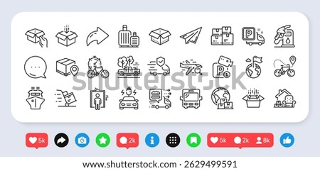 Paper plane, Search flight and Petrol station line icons pack. Social media: share, comment, like icons. Open box, Delivery cart, Baggage web icon. Vector