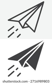 Icono de mensaje de envío de avión de papel establecido en un estilo diferente. Versiones de contorno de línea e icono sólido. Signo y Vector de trazo editables. Icono de plano de papel para interfaz de usuario y Web.