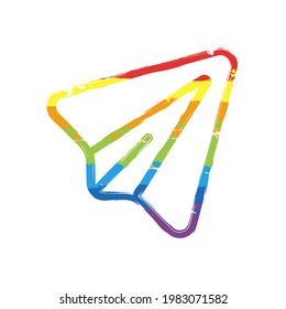 Paper plane, send message, simple icon. Drawing sign with LGBT style, seven colors of rainbow (red, orange, yellow, green, blue, indigo, violet