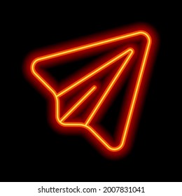 Paper plane, send message, simple icon. Orange neon style on black background. Light linear icon with editable stroke