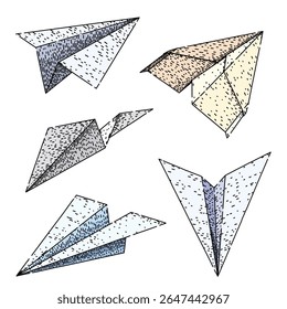 plano de papel definido desenhado à mão. asas de voo, lançamento de deslizamento, esboço vetorial de plano de papel de artesanato modelo.