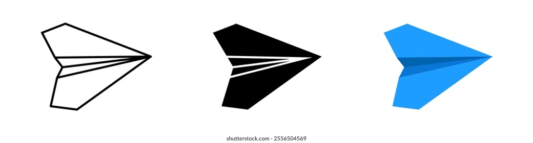 Paper plane set. Line, silhouette and flat style.