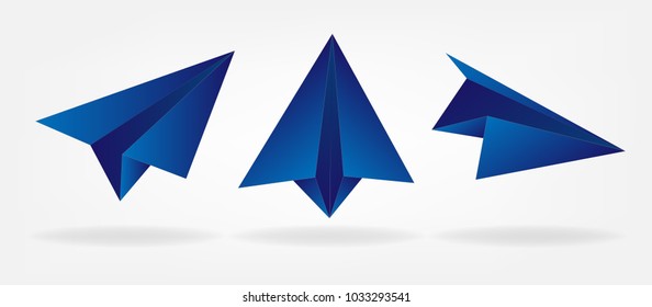 Paper Plane set vector illustration blue color on white gray background with shadow