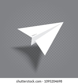 Paper plane with shade fly over gray transparent background. White origami airplane flight and leave shadow