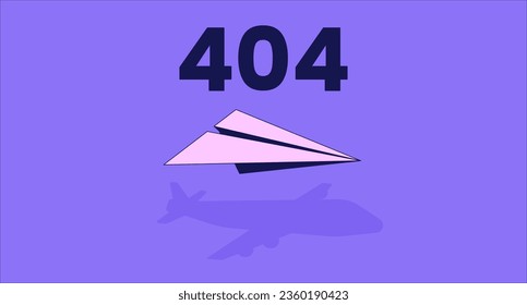 Paper plane with shadow error 404 flash message. Casting airplane shadow. Website landing page ui design. Not found cartoon image, dreamy vibes. Vector flat illustration with 90s retro background