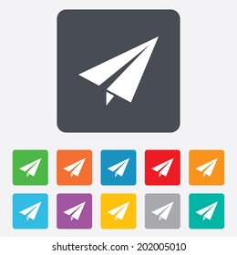Paper Plane sign. Airplane symbol. Travel icon. Flight flat label. Rounded squares 11 buttons. Vector