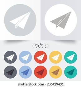 Paper Plane sign. Airplane symbol. Travel icon. Flight flat label. Round 12 circle buttons. Shadow. Hand cursor pointer. Vector