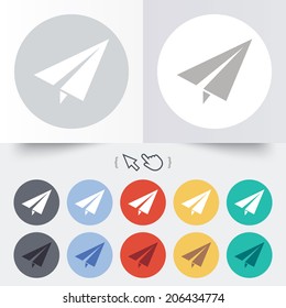 Paper Plane sign. Airplane symbol. Travel icon. Flight flat label. Round 12 circle buttons. Shadow. Hand cursor pointer. Vector