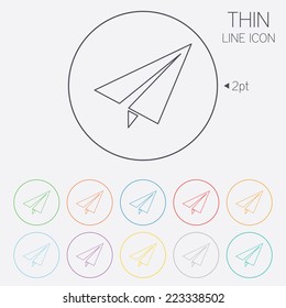 Paper Plane sign. Airplane symbol. Travel icon. Flight flat label. Thin line circle web icons with outline. Vector