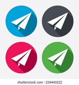 Paper Plane sign. Airplane symbol. Travel icon. Flight flat label. Circle buttons with long shadow. 4 icons set. Vector