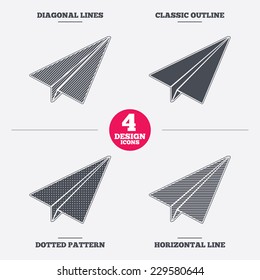 Paper Plane sign. Airplane symbol. Travel icon. Flight flat label. Diagonal and horizontal lines, classic outline, dotted texture. Pattern design icons.  Vector