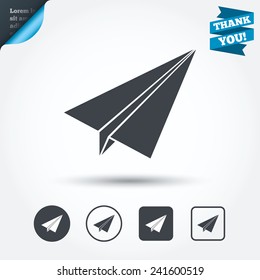 Paper Plane sign. Airplane symbol. Travel icon. Flight flat label. Circle and square buttons. Flat design set. Thank you ribbon. Vector