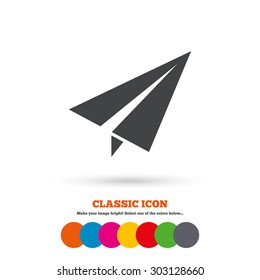 Paper Plane sign. Airplane symbol. Travel icon. Flight flat label. Classic flat icon. Colored circles. Vector