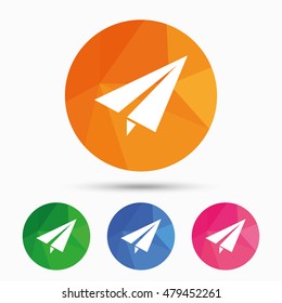 Paper Plane sign. Airplane symbol. Travel icon. Flight flat label. Triangular low poly button with flat icon. Vector