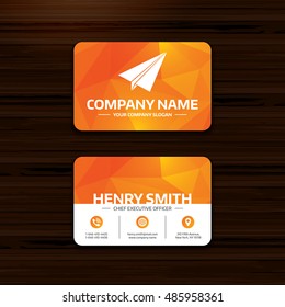Paper Plane sign. Airplane symbol. Travel icon. Flight flat label. Business card template with flat icon. Visiting card low poly design. Vector