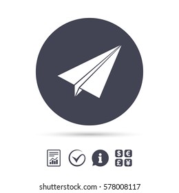 Paper Plane sign. Airplane symbol. Travel icon. Flight flat label. Report document, information and check tick icons. Currency exchange. Vector