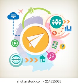 Paper Plane sign  and cloud on abstract colorful watercolor background with different icon and elements. Flat design for the  advertising, print, banner.