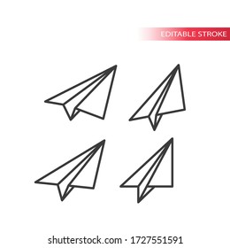 Paper plane simple thin line vector icon set. Editable stroke.