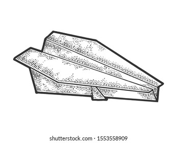 Paper plane sketch engraving vector illustration. T-shirt apparel print design. Scratch board style imitation. Black and white hand drawn image.