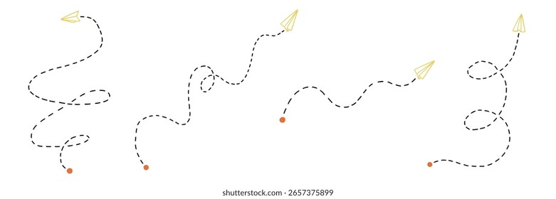 Paper Plane Sketch Icon Set. Travel Fly Airplane Collection. Doodle Draw Vector Illustration