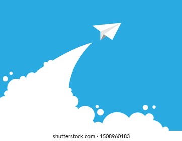 Paper plane in sky with clouds tail. Leadership concept. Individual way, travel at vacations, freedom inspiration poster art. Little airplane toy flying away. Flat vector minimal illustration.