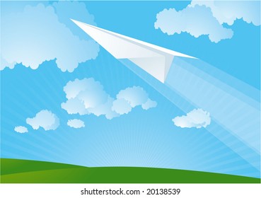 Paper plane in the sky. Vector.