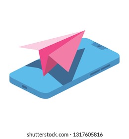 Paper plane smartphone 3d vector icon isometric pink and blue color minimalism illustrate