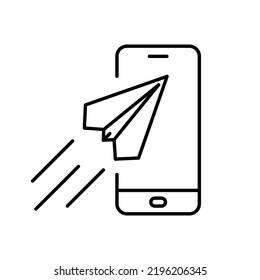 Paper plane with smartphone icon. Communication concept. Black conceptual icon. Vector illustration.