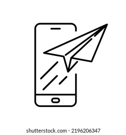 Paper plane with smartphone icon. Communication concept. Black conceptual icon. Vector illustration.