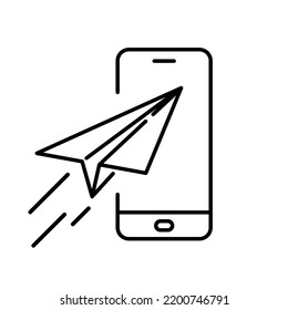 Paper plane with smartphone icon. Communication concept. Black conceptual icon. Vector illustration.